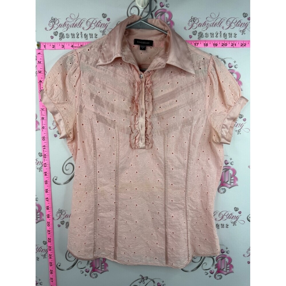 bebe polo shirt rhinestone diamond buttons rare y2k Pink Eyelet Ruffle Polo Top
